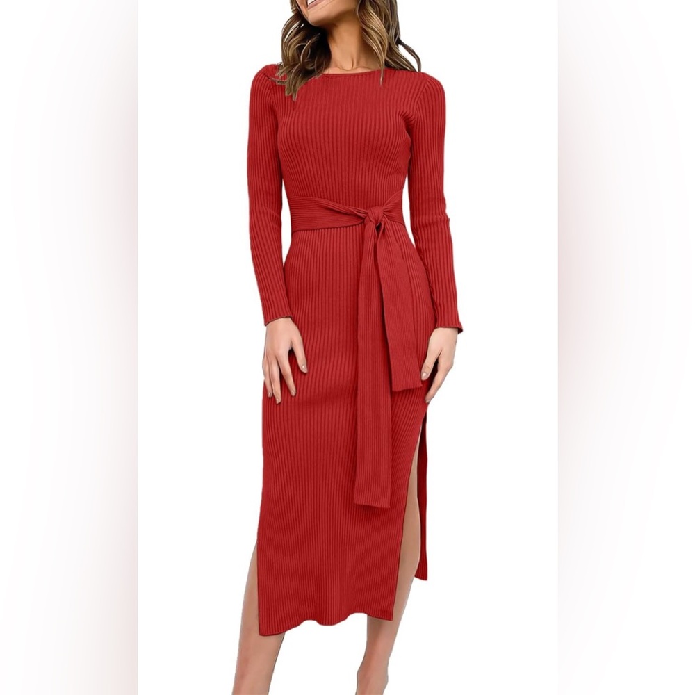 ANRABESS Sweater Dress 2024 Crew Neck Tie Ribbed Knit Bodycon Midi Fall Outfit